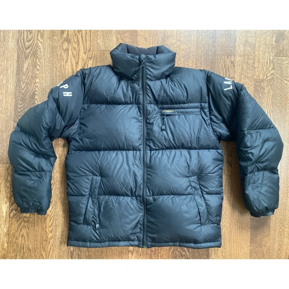 Vintage 90s Polo Ralph Lauren Down Puffer Jacket Large Black Spell Out Y2K